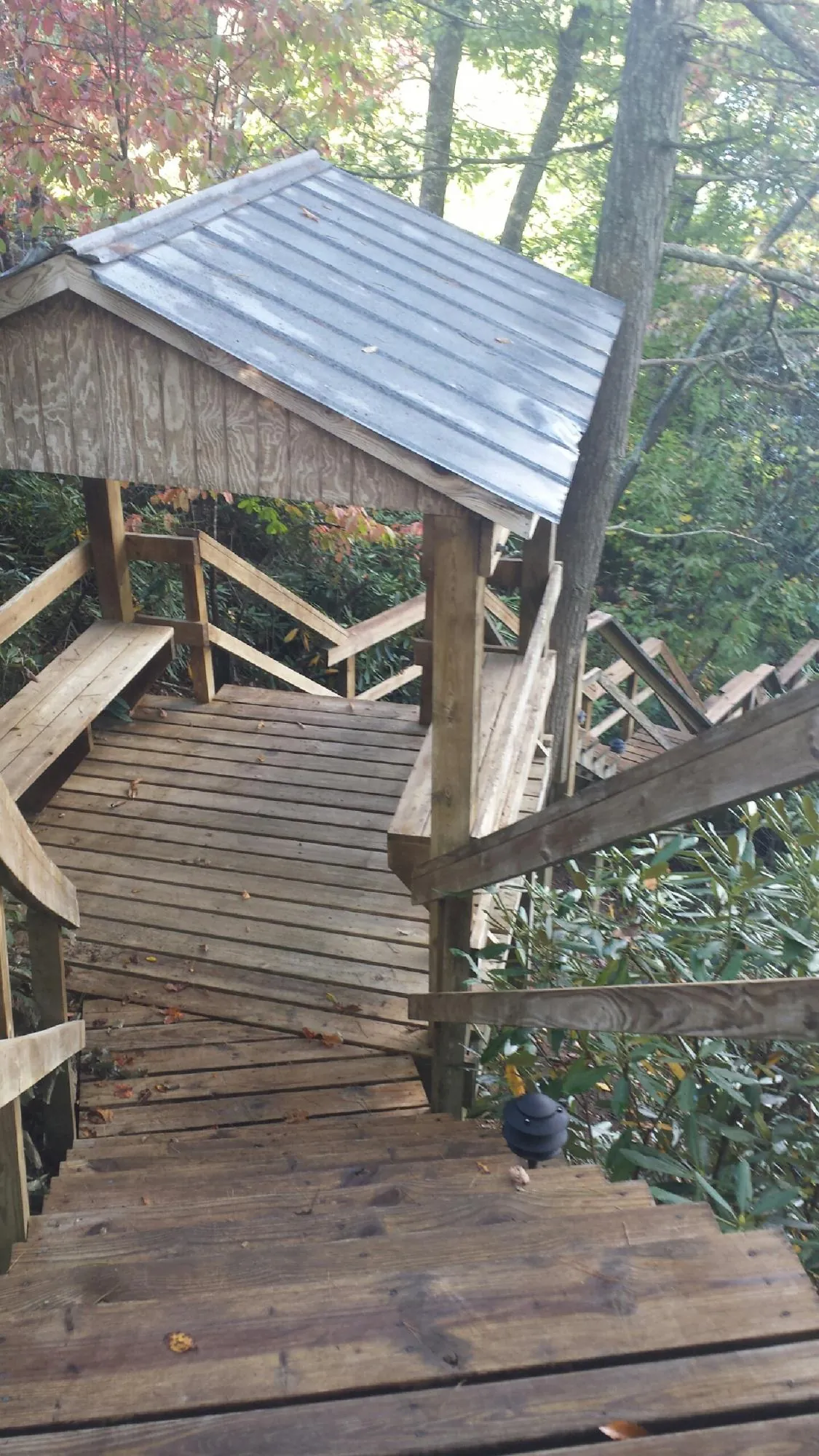 Metal roofed shelter over wooden steps on a wooded walkway — Skylight Repair & Installation work by our crew in Blythewood